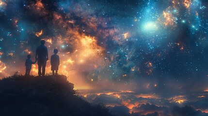 Fototapeta premium Family standing on the edge of a cliff, looking at the starry sky