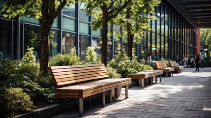 Obraz premium A green space in an urban area with benches and native plants 