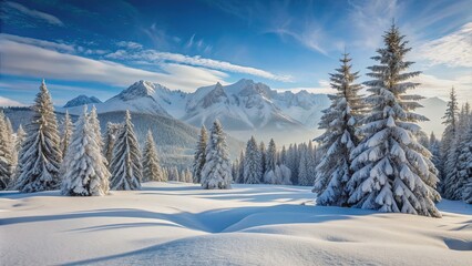 Fototapeta premium Winter landscape with snow covered trees and mountains in background, snow, winter, landscape, trees, mountains, cold, white