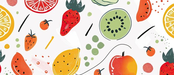 Colorful hand-drawn fruit pattern with strawberries, kiwis, lemons, and other fruits on a white background. Perfect for food-related designs.