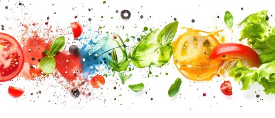 Fresh colorful vegetables and herbs in motion with artistic splashes on a white background, showcasing healthy ingredients and culinary creativity.