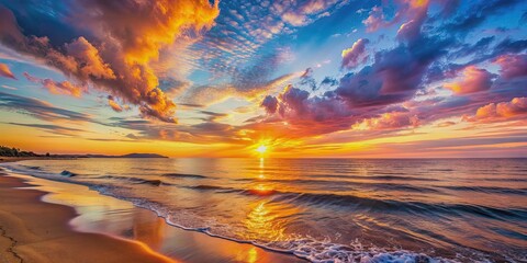 Vibrant sunset over serene beach on Summer Solstice , sunset, beach, ocean, sky, colorful, horizon, reflection, tranquil