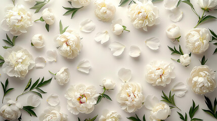 Create a luxurious of peonies, their lush, flowers scattered around it. . The clean background