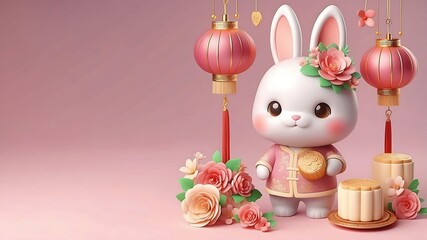 Fototapeta premium 3d Mid Autumn Festival 2024. Cute rabbit with lantern, flower, mooncake isolated chinese style on pink background