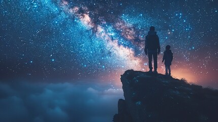 Fototapeta premium Family standing on the edge of a cliff, looking at the starry sky