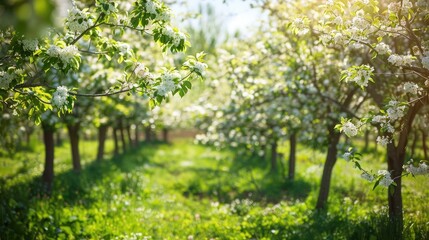 Fototapeta premium Blossoming trees with white flowers and green leaves in a vibrant orchard on a sunny day
