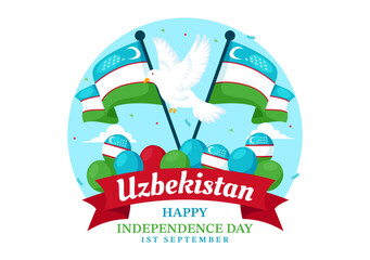 Happy Uzbekistan Independence Day Vector Illustration on September 1st with Uzbek Flag and Ribbon in a National Holiday Flat Style Cartoon Background