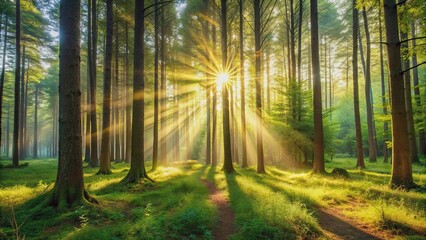 A peaceful forest scene with sunlight passing through the trees, nature, forest, morning, sunrise, sunbeams, trees, foliage