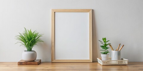 Poster mock up on a white wall with wooden frame, design, blank, template, presentation, decoration, background, layout