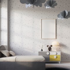 Mock up poster in children bedroom interior background, scandinavian style, 3D render