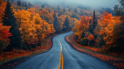 Fototapeta premium A winding road with trees on both sides and a beautiful autumn landscape. AI generated
