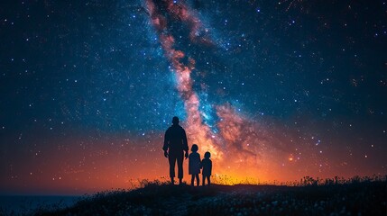 Fototapeta premium Family standing on the edge of a cliff, looking at the starry sky