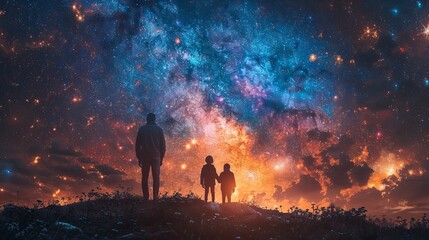 Family standing on the edge of a cliff, looking at the starry sky