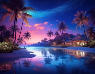 夕暮れグラデーションが綺麗な南国ビーチ