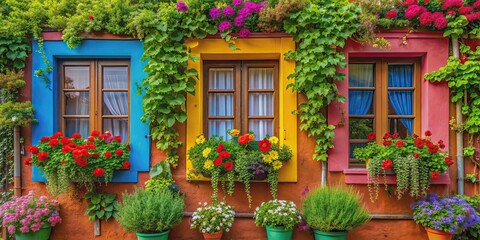 Fototapeta premium Vibrant house windows in assorted bright colors with lush greenery and flowers , house, windows, colorful, bright