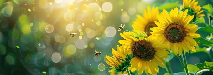 Fototapeta premium yellow sunflowers on the right side of an out-of-focus background, with some bees flying around them Generative AI