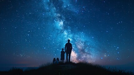 Family standing on the edge of a cliff, looking at the starry sky