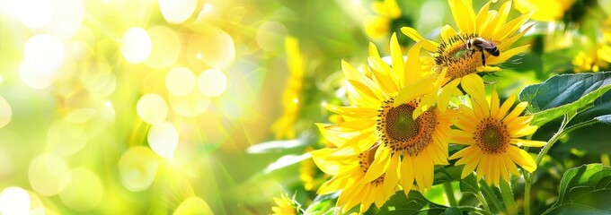 Obraz premium yellow sunflowers with a blurred background yellow flowers, with blurred greenery and sky in the background Generative AI