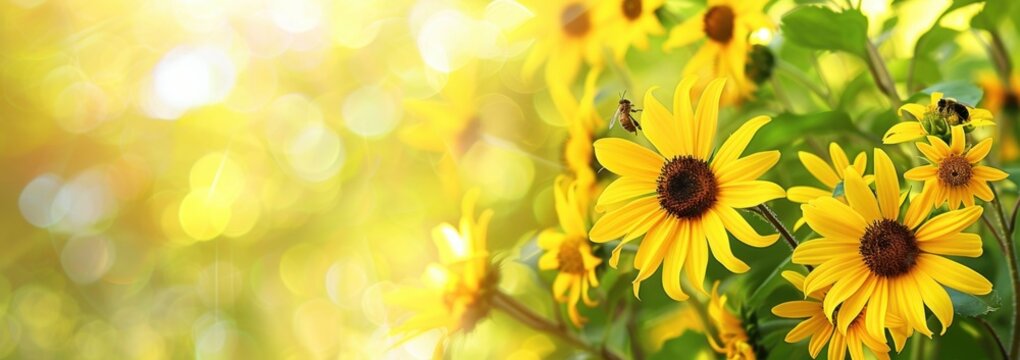 yellow sunflowers with a blurred background yellow flowers, with blurred greenery and sky in the background Generative AI