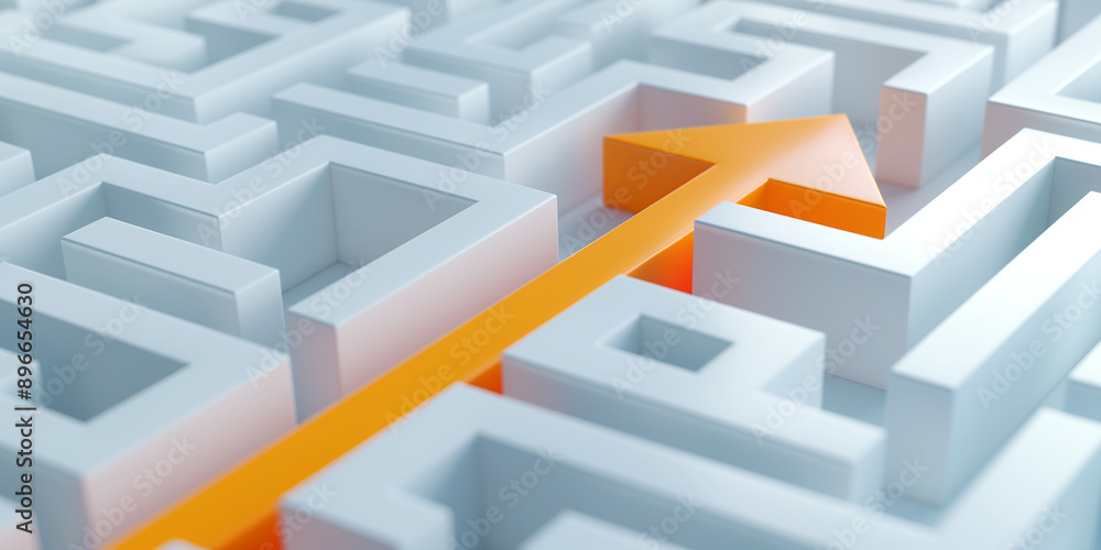 Poster orange arrow finding the way out of a white labyrinth