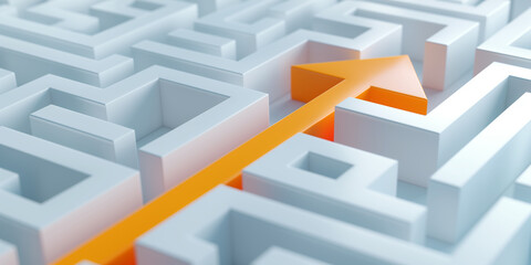 Orange arrow finding the way out of a white labyrinth
