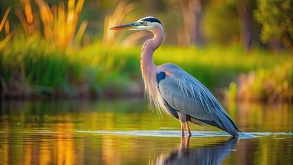 Obraz premium Majestic great blue heron standing in water, bird, wildlife, nature, waterfowl, feathers, elegant, graceful, wading, blue, heron