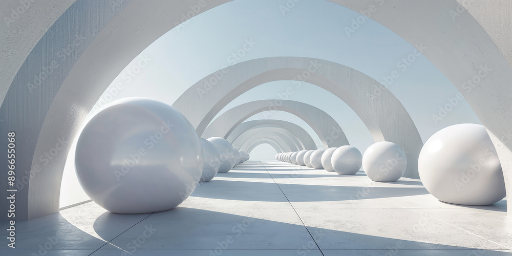 Poster white spheres are crowding a corridor with arches in a 3d render