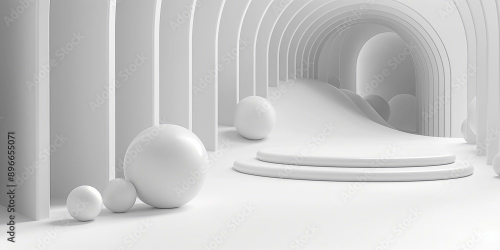 Aufkleber white round podium displaying product with geometric arches in background