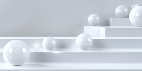 White spheres resting on elevated surfaces in minimalist composition
