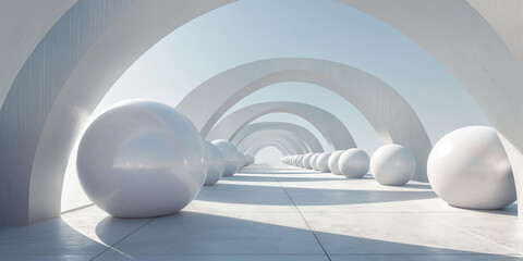 White spheres are crowding a corridor with arches in a 3d render