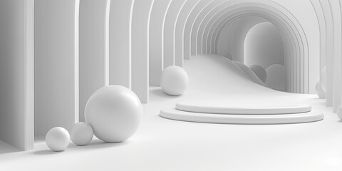 White round podium displaying product with geometric arches in background