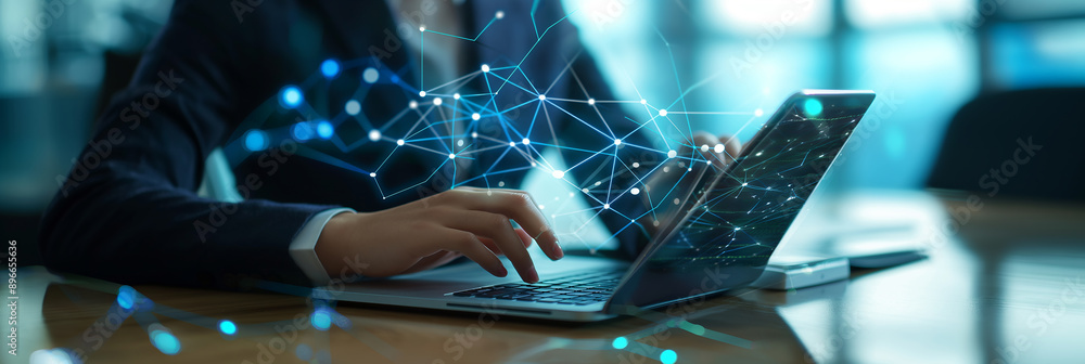 Aufkleber businesswoman working on laptop with global network and data connection