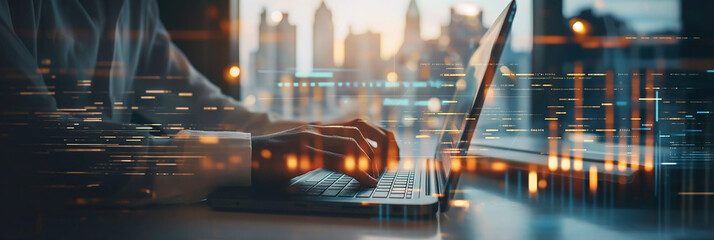 Businesswoman working with laptop and cityscape double exposure