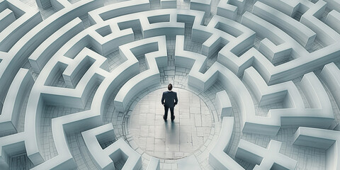 Businessman standing in center of circular maze thinking about solution