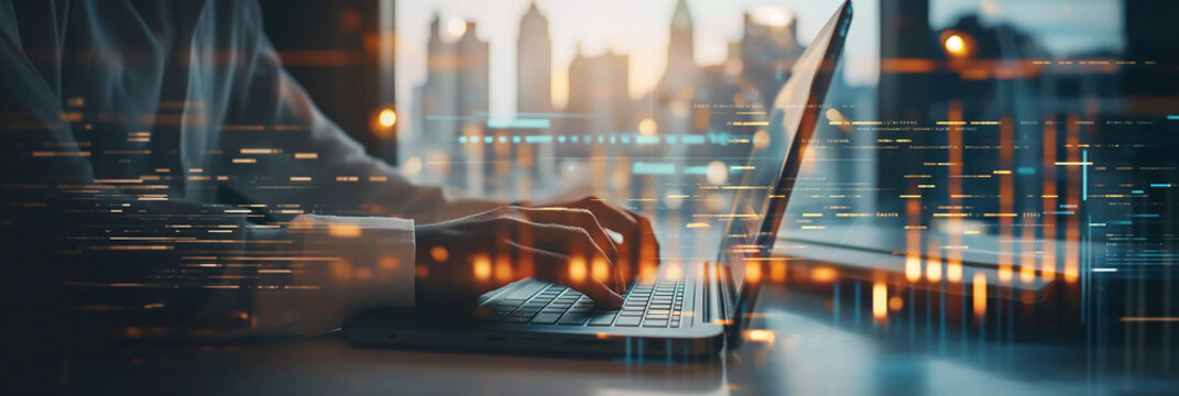 Businesswoman working with laptop and cityscape double exposure