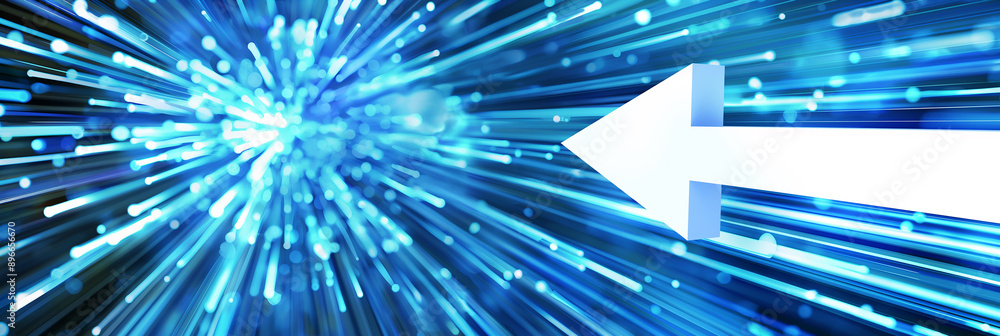 Poster white arrow pointing to the left with blue lights in the background