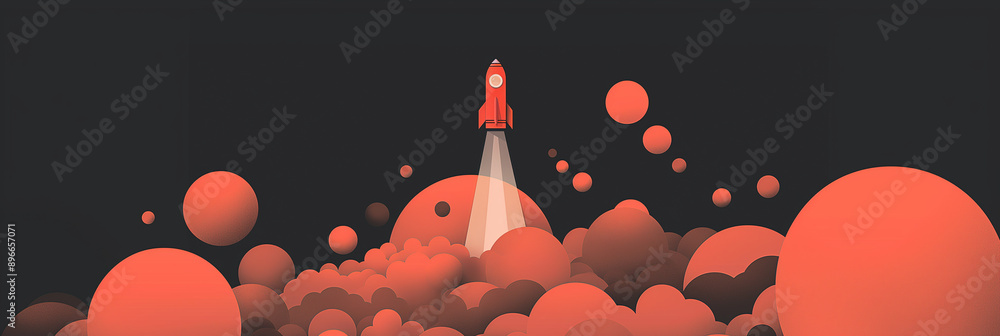 Aufkleber red rocket launching from red planet surface in outer space