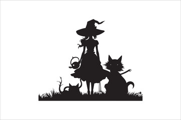 witch silhouette illustration. Halloween witch silhouette. A Silhouette of Witch with Broom.