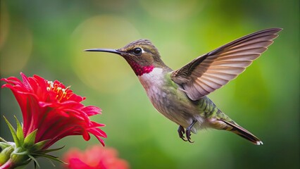 Fototapeta premium Close up of a hummingbird hovering near a red flower, hummingbird, wildlife, nature, motion, wings, feeding, beauty, vibrant, garden