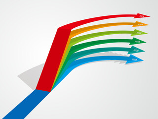 6の分岐点で積み重なる曲線矢印インフォグラフィック　ベクターイラストレーション