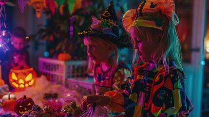 Fototapeta premium Two excited little girls wearing costumes picking candy and sweets from a table at a halloween party at home