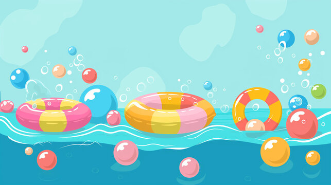 Three inflatable rings float in a swimming pool with various colored balls and bubbles, background, flat style design illustration