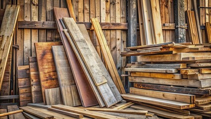 Fototapeta premium Remains of building materials, old wooden boards with stop sign , abandoned, weathered