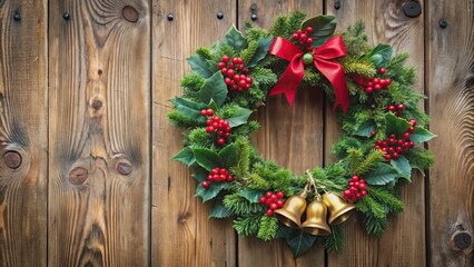 Christmas wreath with bells and holly on door , holiday, decoration, festive, winter, red, green, seasonal