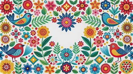 Colorful Scandinavian folk art pattern with vibrant flowers and birds, Scandinavian, folk art, colorful, pattern, flowers