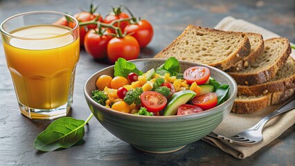 Healthy breakfast bowl featuring whole grain toast, assorted colorful vegetables, and a glass of fresh orange juice