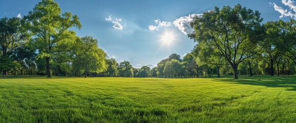 Naklejka premium Serene Green Meadow in the Park - Nature Landscape with Trees and Bright Sky for Copy Space Concept