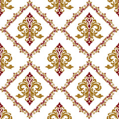 Native ethnic geometric pattern samless gold and red on a light gray background. Native American fabric, tiles, rugs, shirts