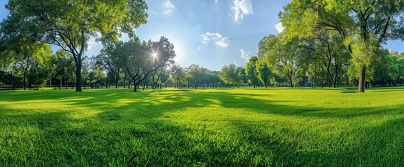 Naklejka premium Serene Green Meadow Landscape with Trees under Sunny Sky - Nature Park Background with Copy Space