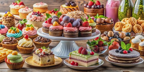 Assortment of colorful confectionery, cakes, and desserts displayed on a table , candy, treats, pastries